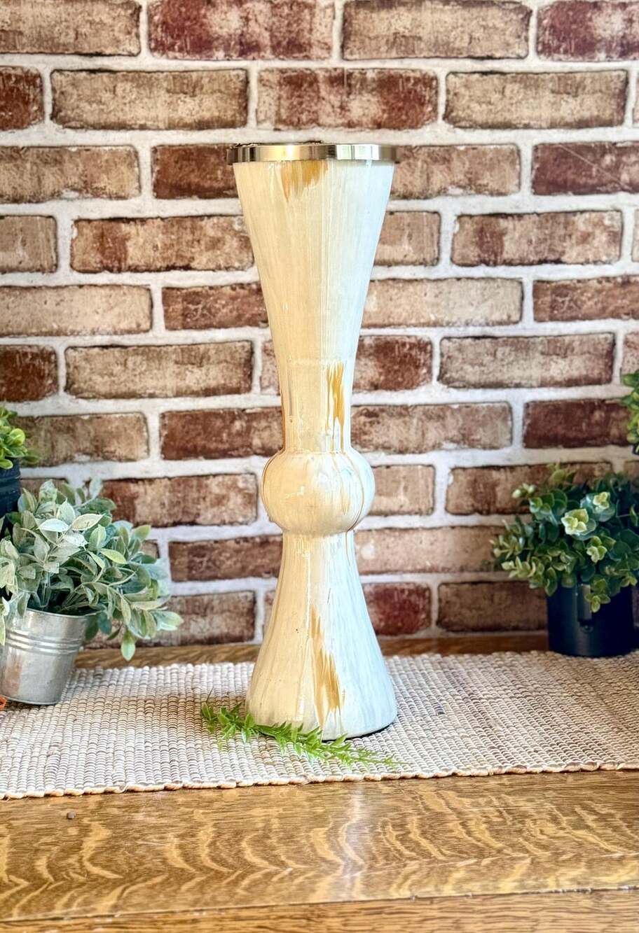 Pedestal Urn Floor Vase | Silver Trim Trumpet Vase | Modern Alabaster Look Decor